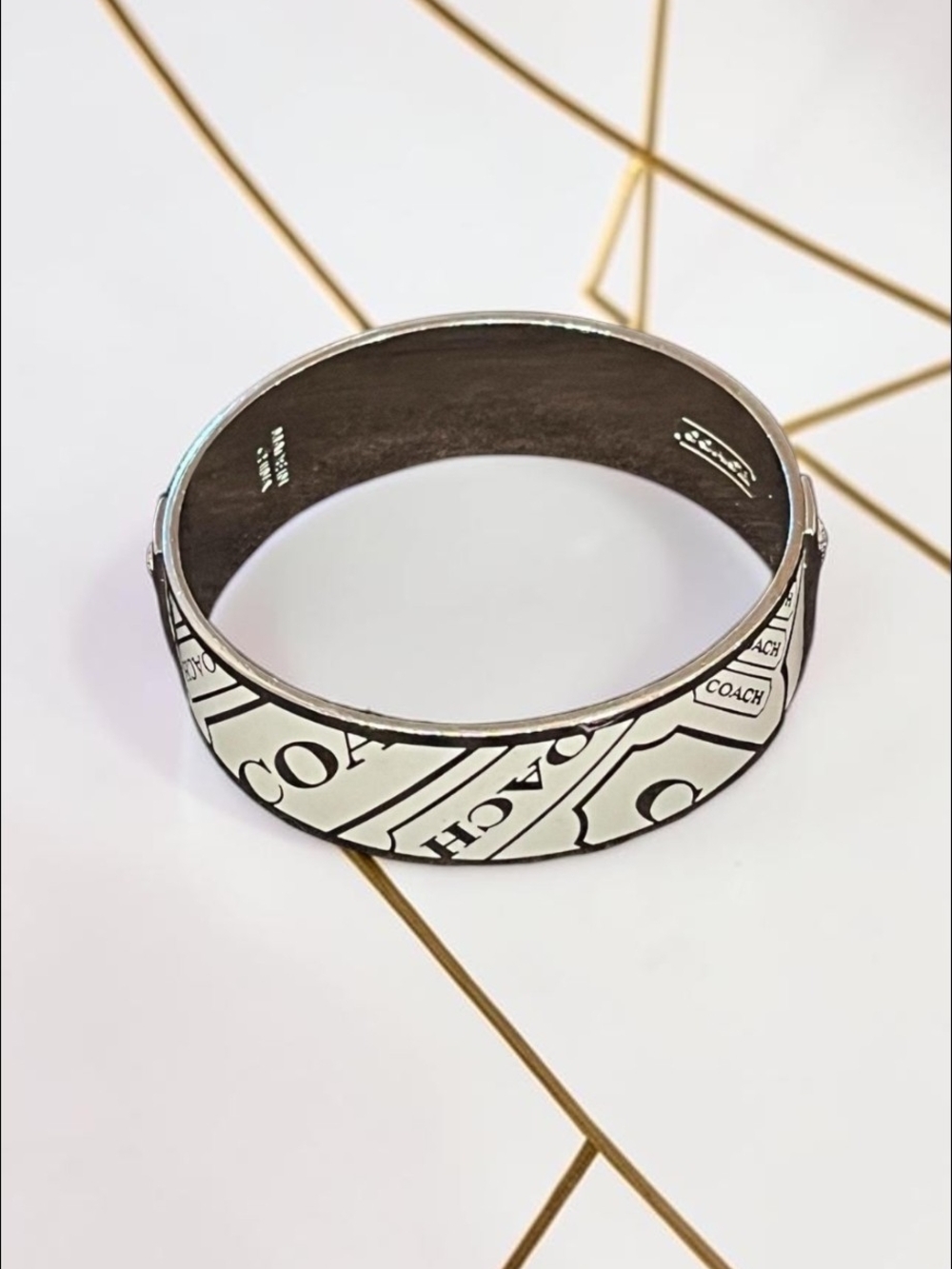 Coach 3/4" Silver-Tone and Cream Enamel Cuff Bracelet